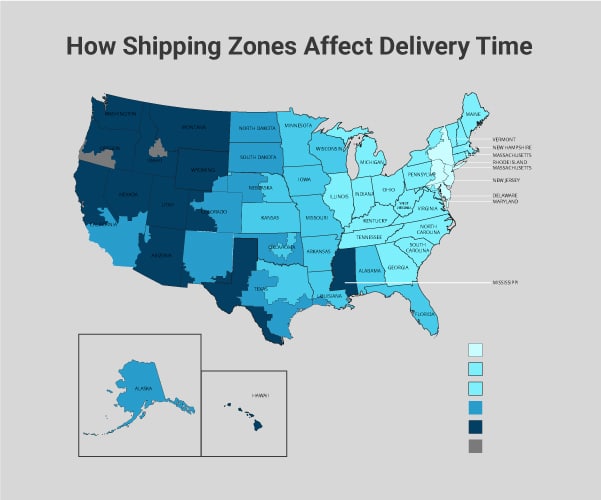 how shipping zones affect delivery time map